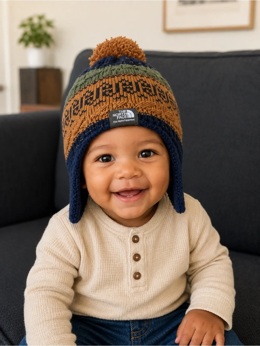 The North Face Kids Pom Earflap Beanie in Navy, Olive & Brown 6-24mo infant